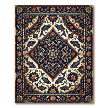 Intricate Navy Floral Koi Fish Medallion Rug