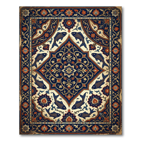 Intricate Navy Floral Koi Fish Medallion Rug