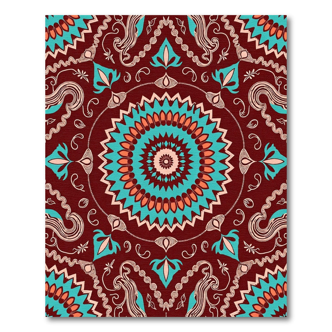 Crimson Turquoise Coral Medallion Mandala Rug