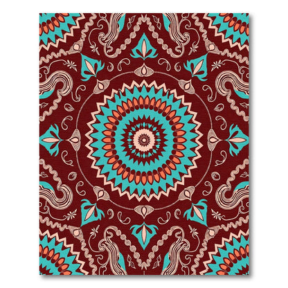 Crimson Turquoise Coral Medallion Mandala Rug