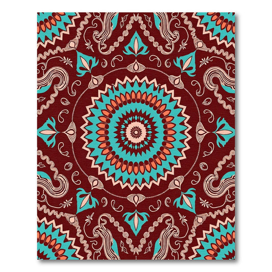 Crimson Turquoise Coral Medallion Mandala Rug