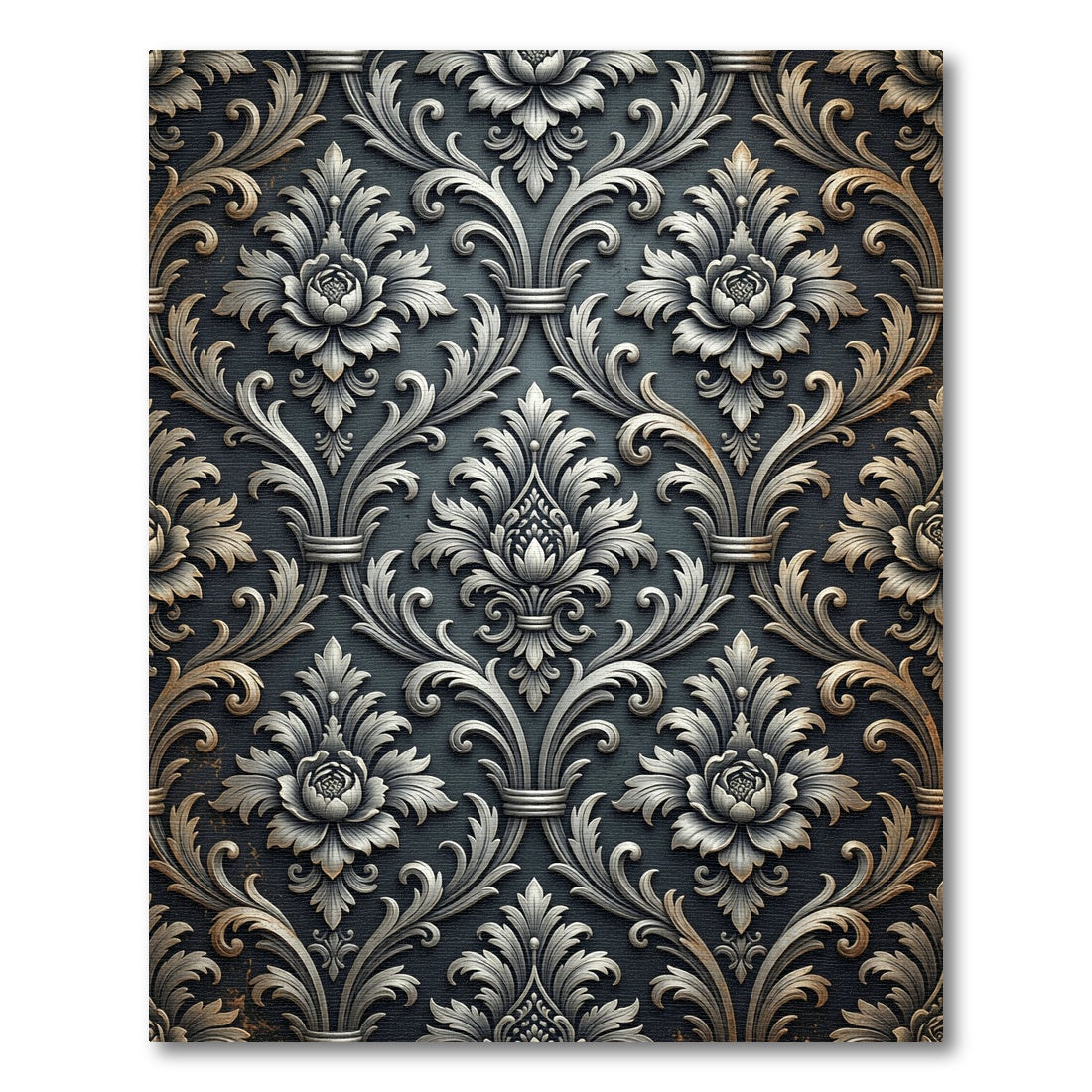 Ornate Silver Floral Damask Rug