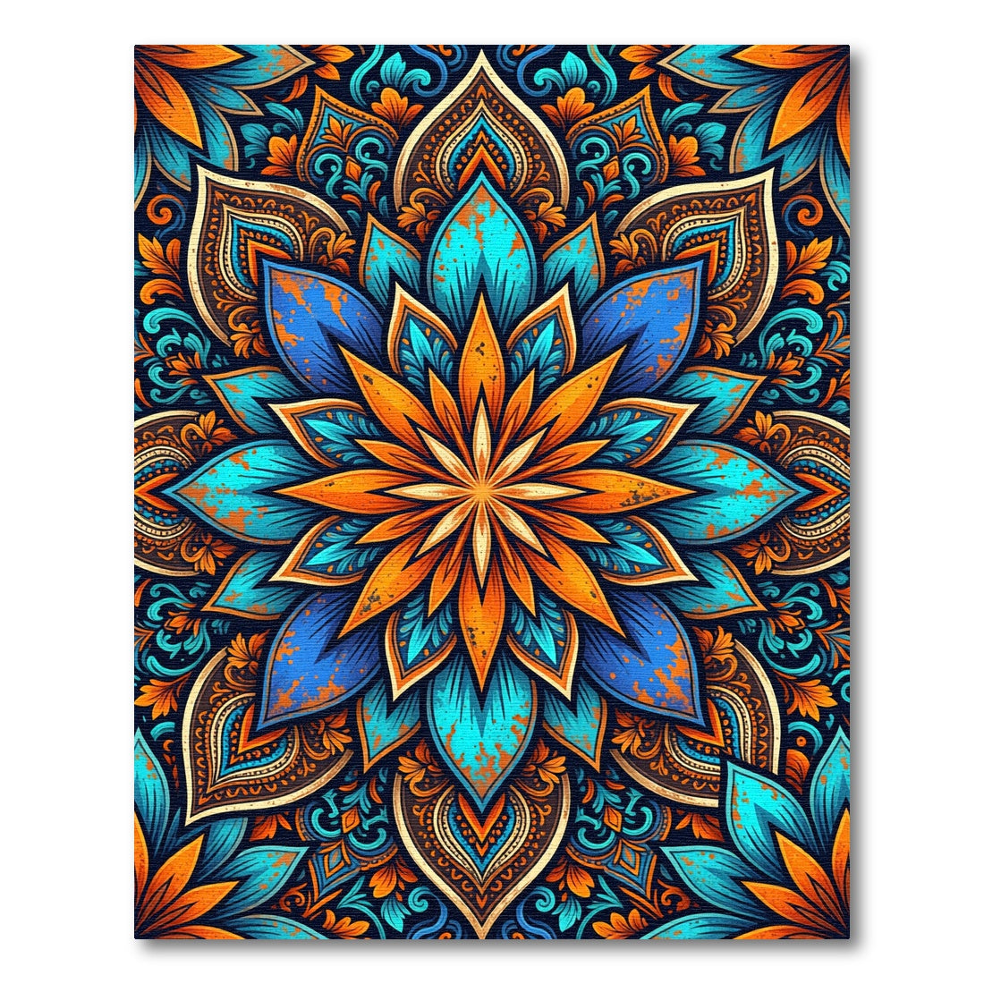 Vibrant Tangerine and Azure Floral Mandala Rug