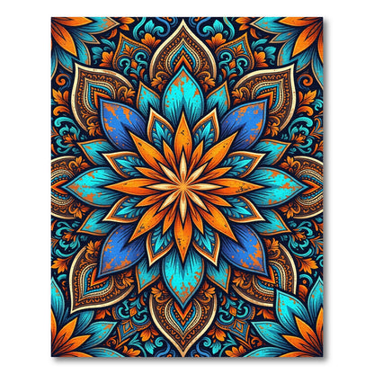 Vibrant Tangerine and Azure Floral Mandala Rug