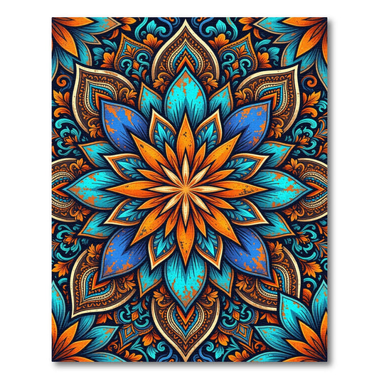 Vibrant Tangerine and Azure Floral Mandala Rug