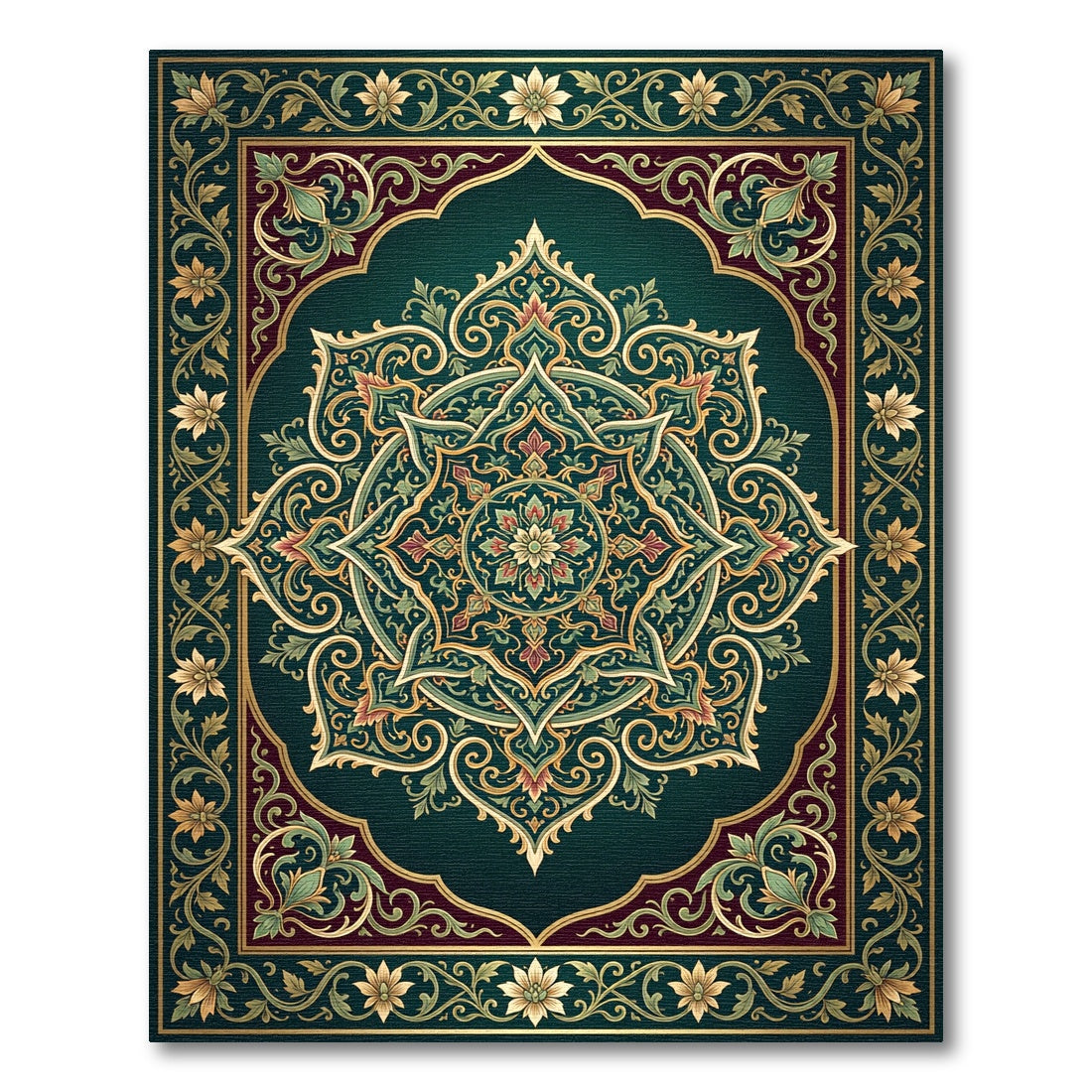 Ornate Emerald Golden Floral Medallion Rug