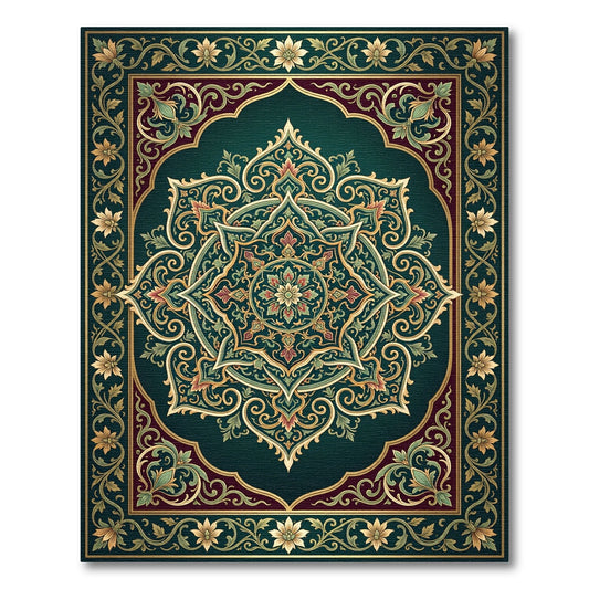 Ornate Emerald Golden Floral Medallion Rug