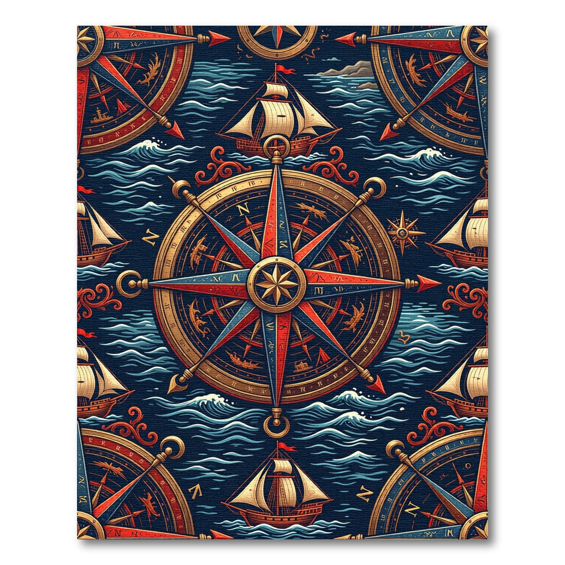 Nautical Compass Gold Ship Navy Ocean Rug