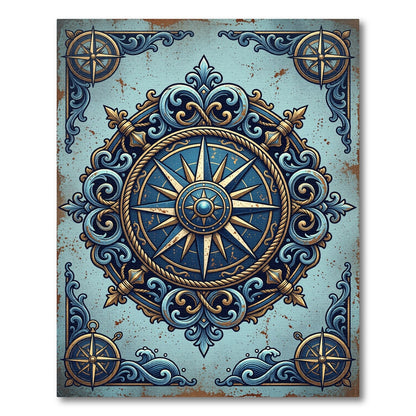 Vintage Blue Ornate Nautical Compass Rug