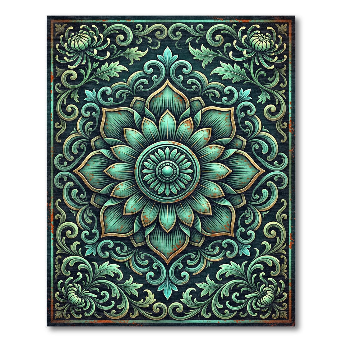 Vintage Teal Floral Medallion Scroll Rug