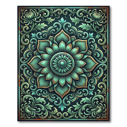 Vintage Teal Floral Medallion Scroll Rug