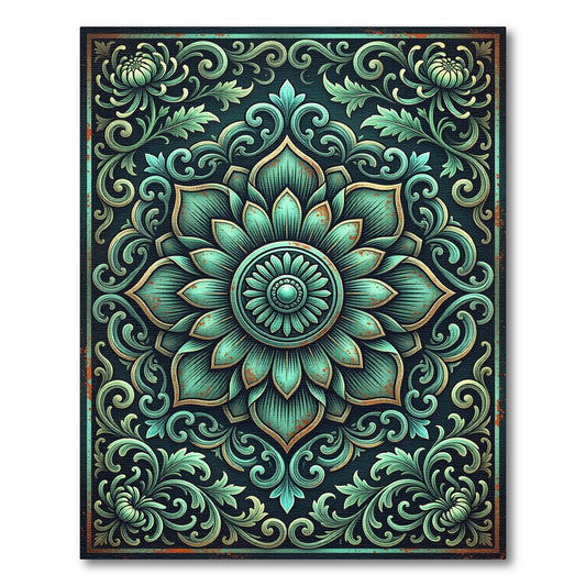 Vintage Teal Floral Medallion Scroll Rug