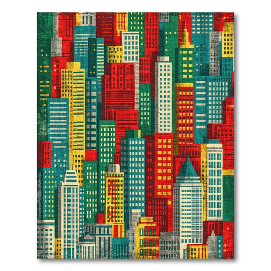 Vibrant Red Teal City Skyline Rug