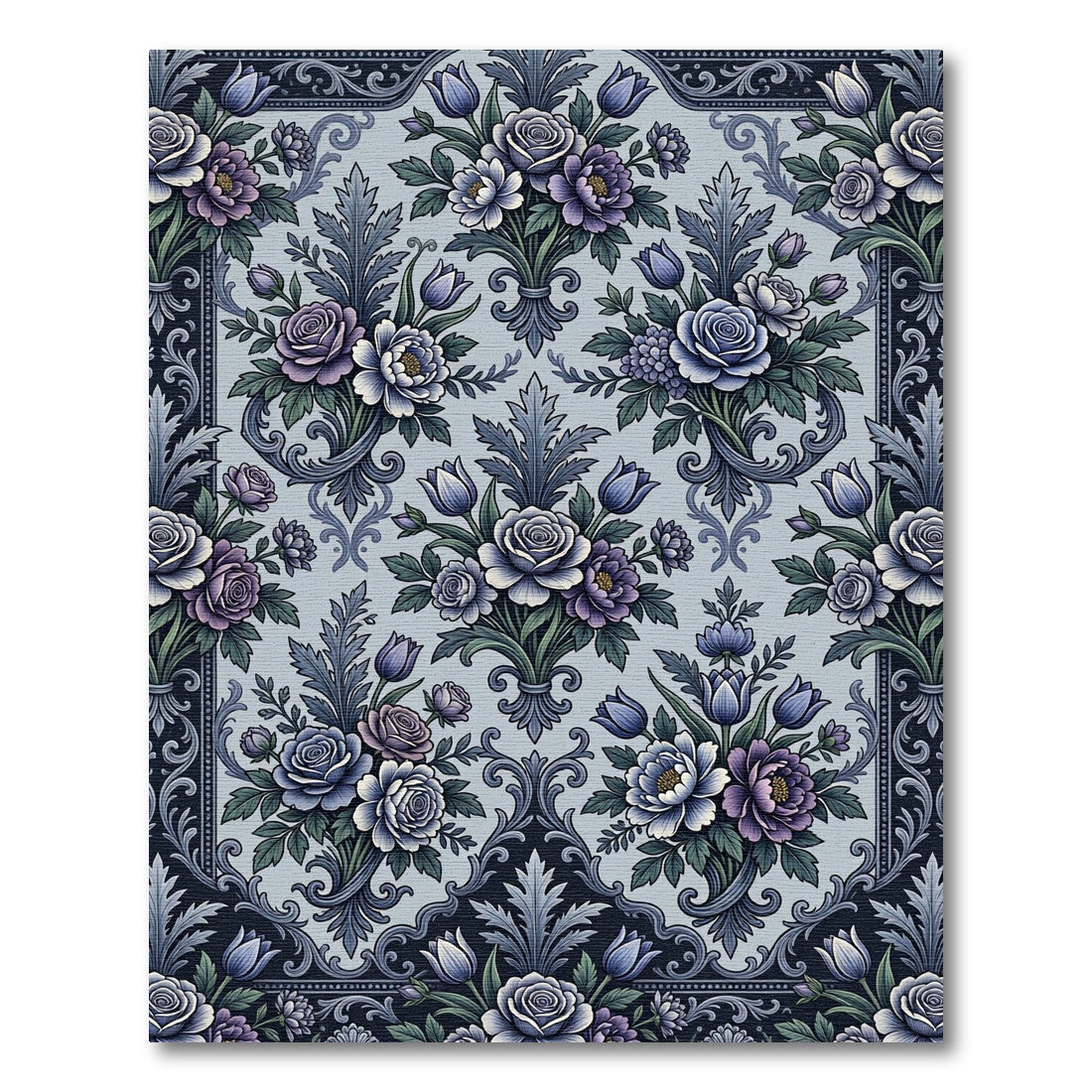 Elegant Blue Floral Damask Bouquet Rug