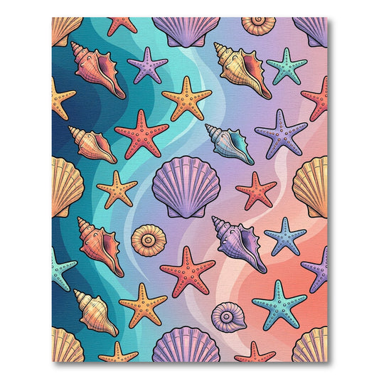 Coastal Pastel Shell and Starfish Illustration Rug