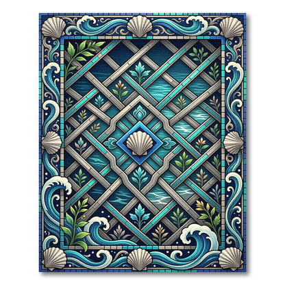 Coastal Blue Seashell Wave Lattice Rug