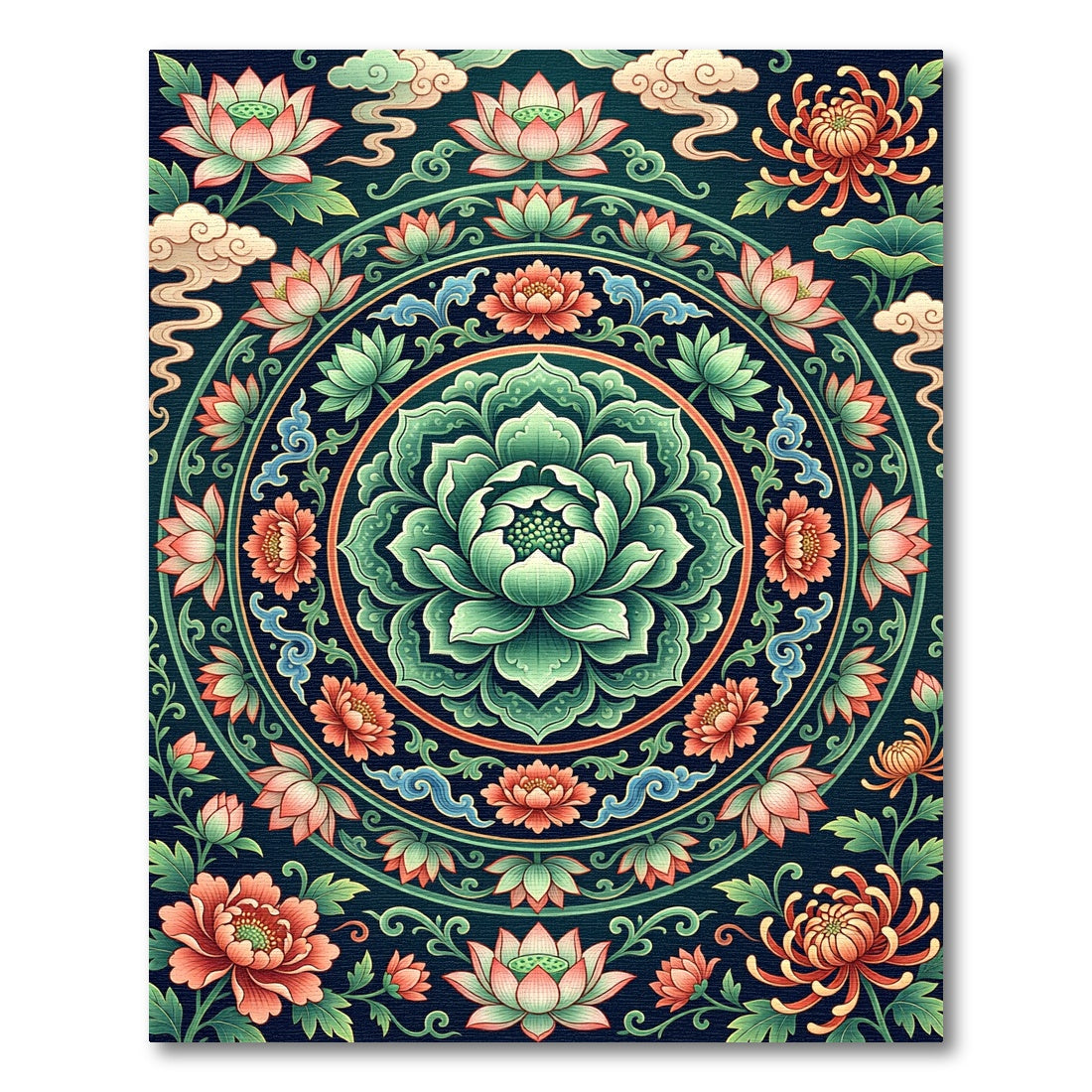 Ethereal Jade Lotus Floral Medallion Rug