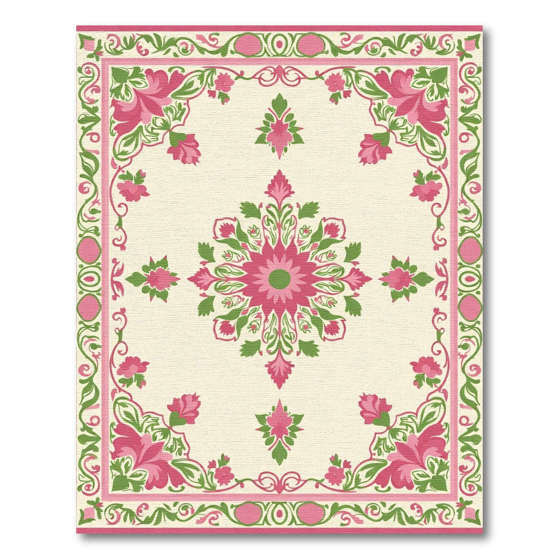 Pink and Green Floral Medallion Border Rug