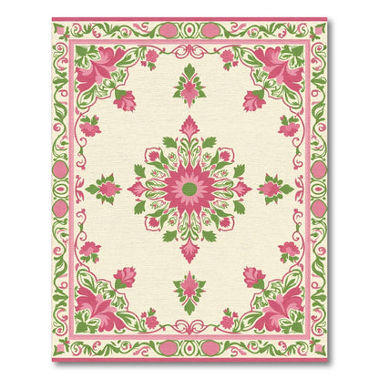 Pink and Green Floral Medallion Border Rug