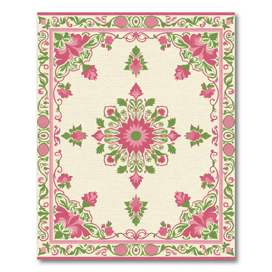 Pink and Green Floral Medallion Border Rug