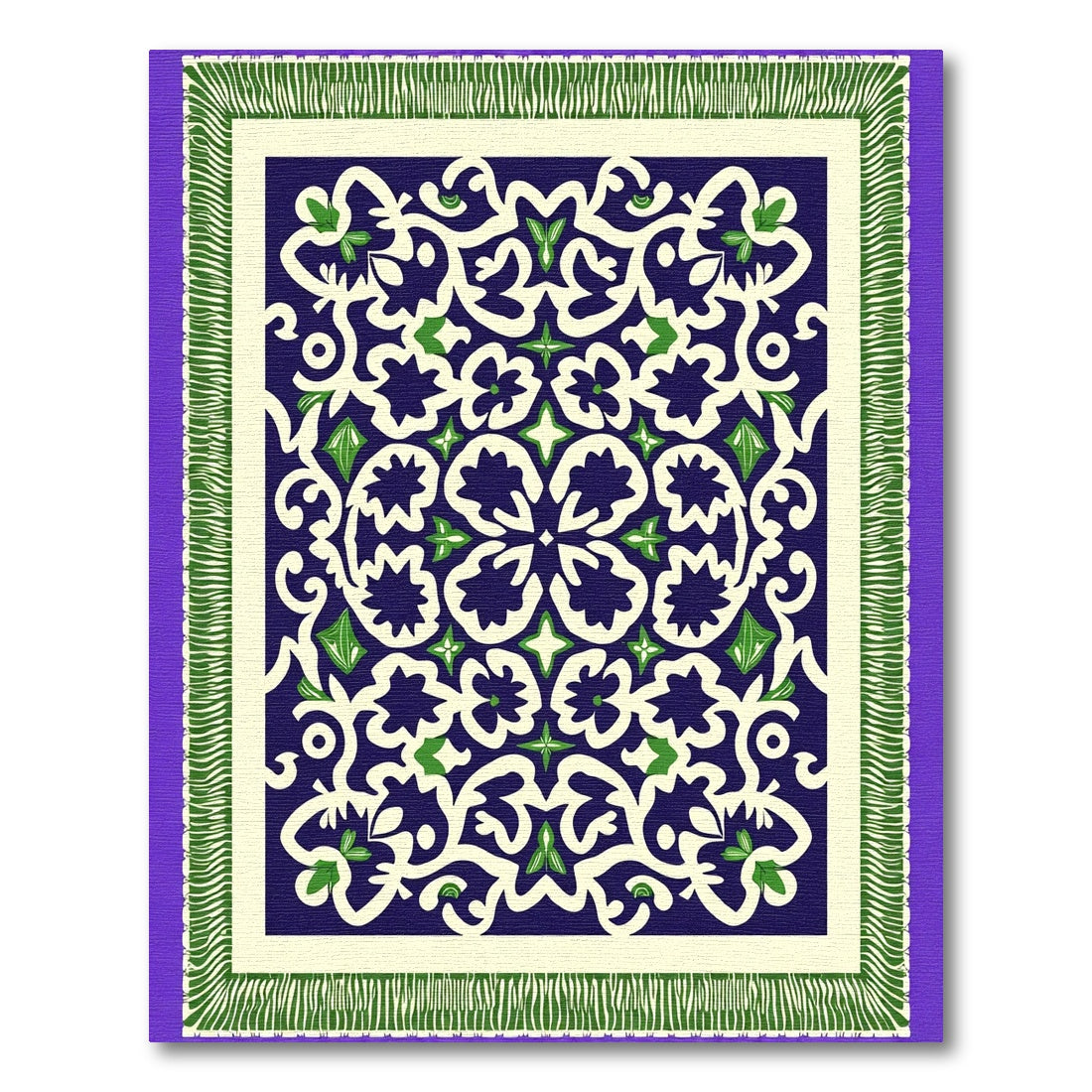 Indigo Cream Green Floral Mandala Rug