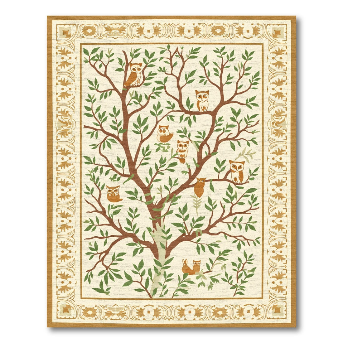 Whimsical Owl Tree Foliage Border Rug