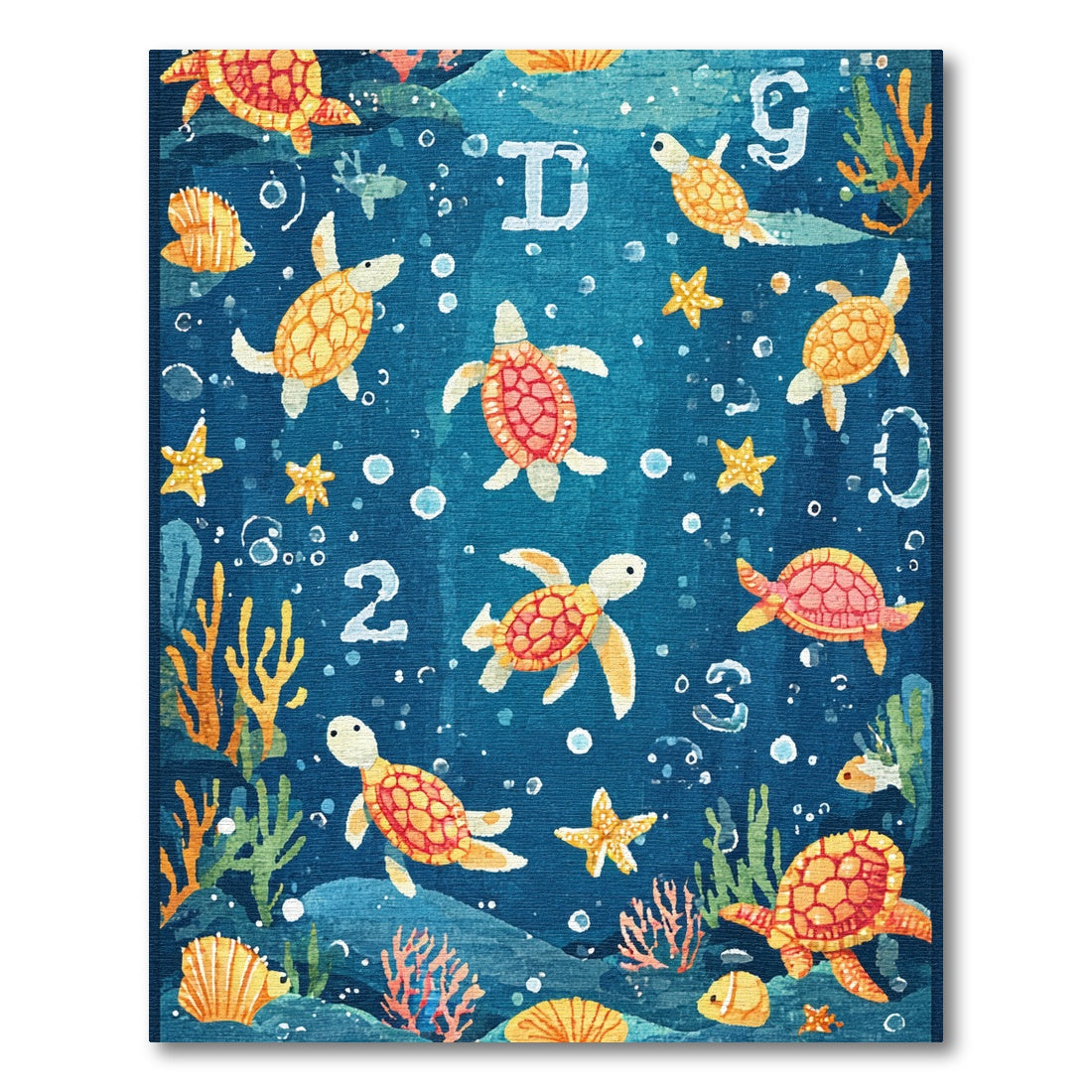 Vibrant Orange Turtles Bubbles Stars Rug
