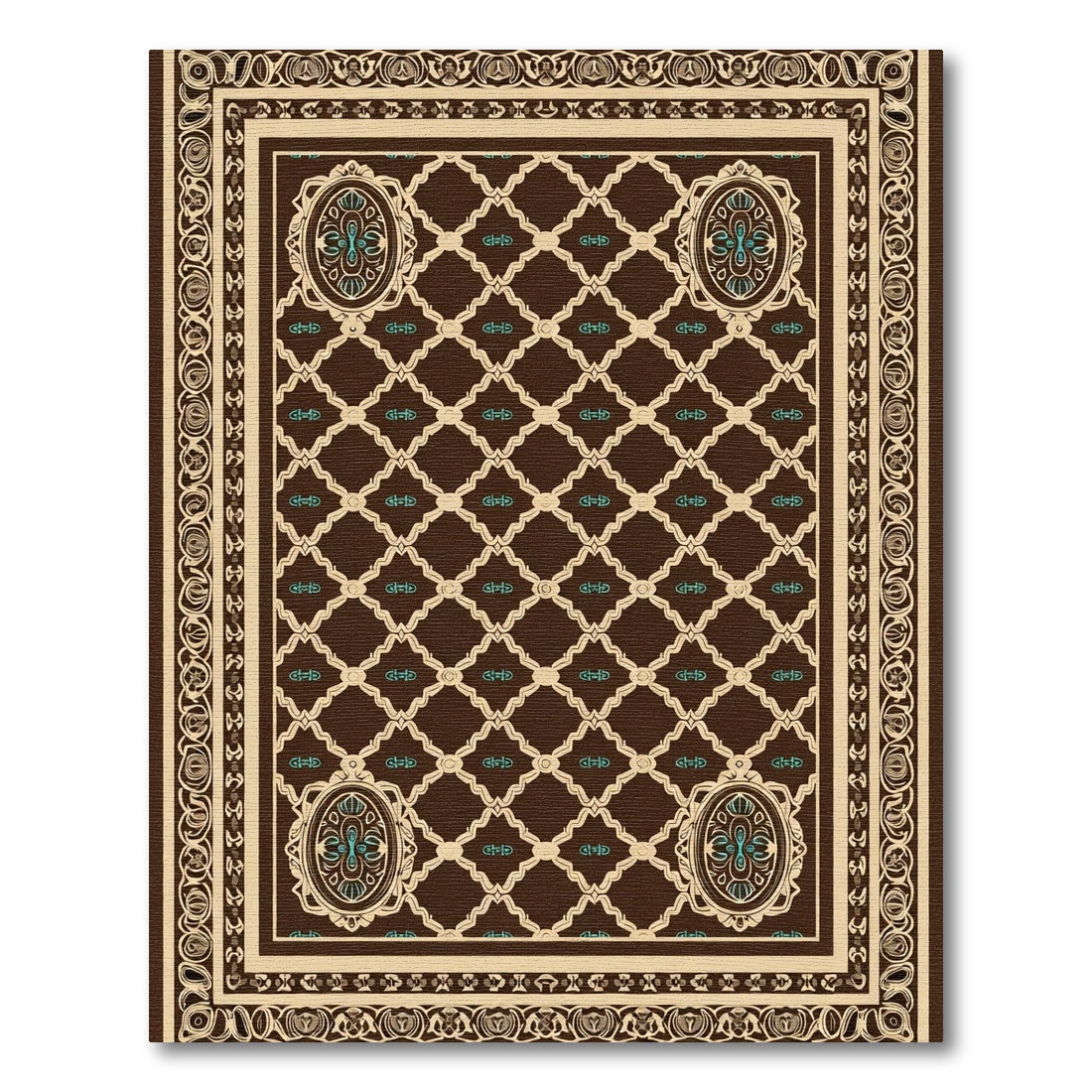 Brown Cream Teal Medallion Lattice Decor Rug