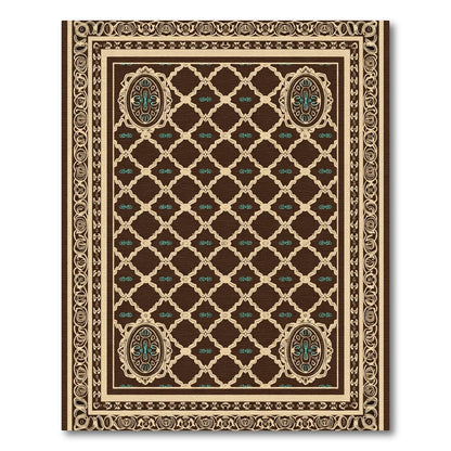 Brown Cream Teal Medallion Lattice Decor Rug