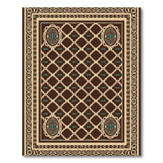 Brown Cream Teal Medallion Lattice Decor Rug