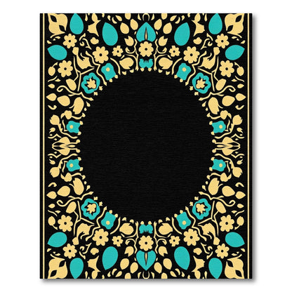 Golden Teal Floral Arabesque Border Rug