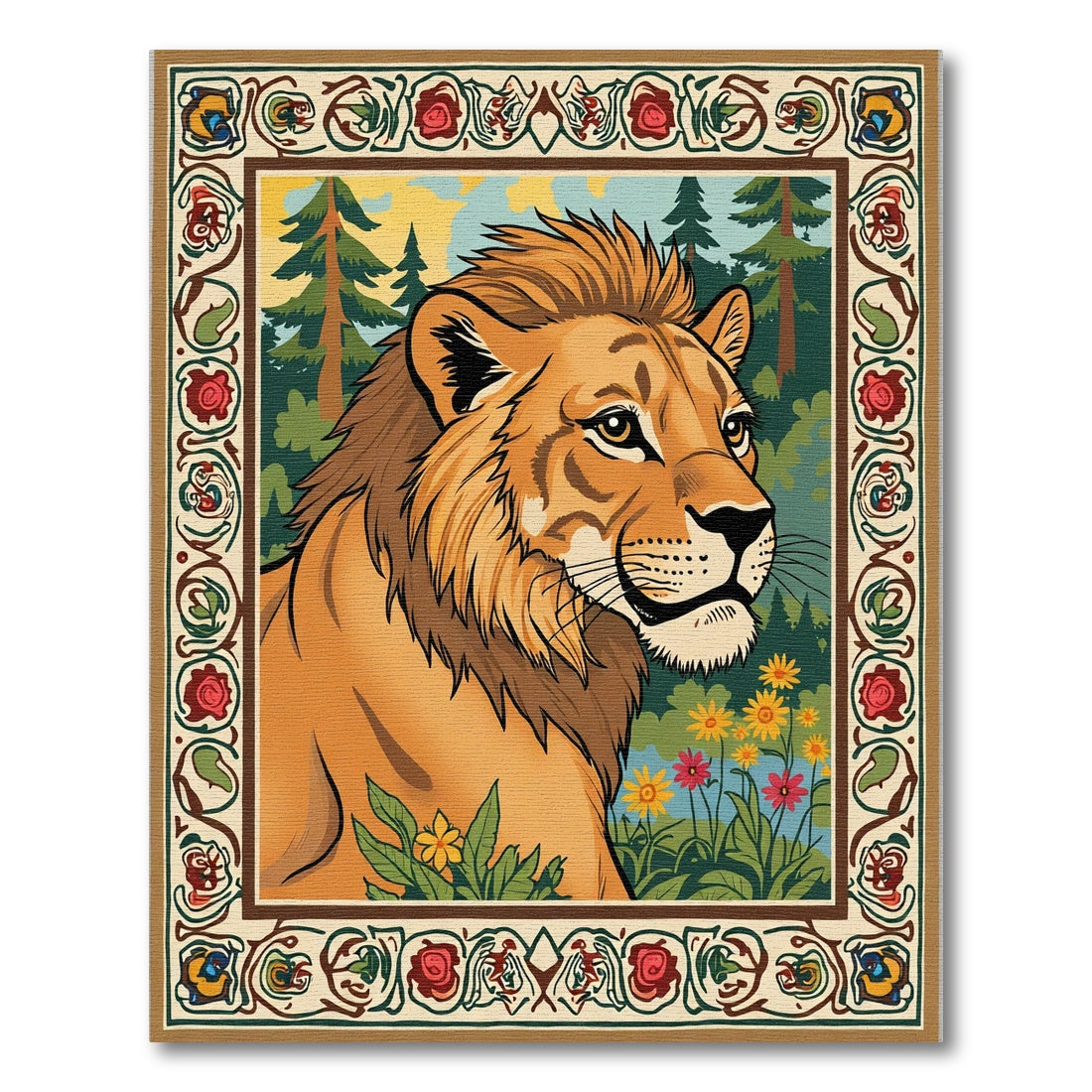 Majestic Lion Forest Floral Border Rug