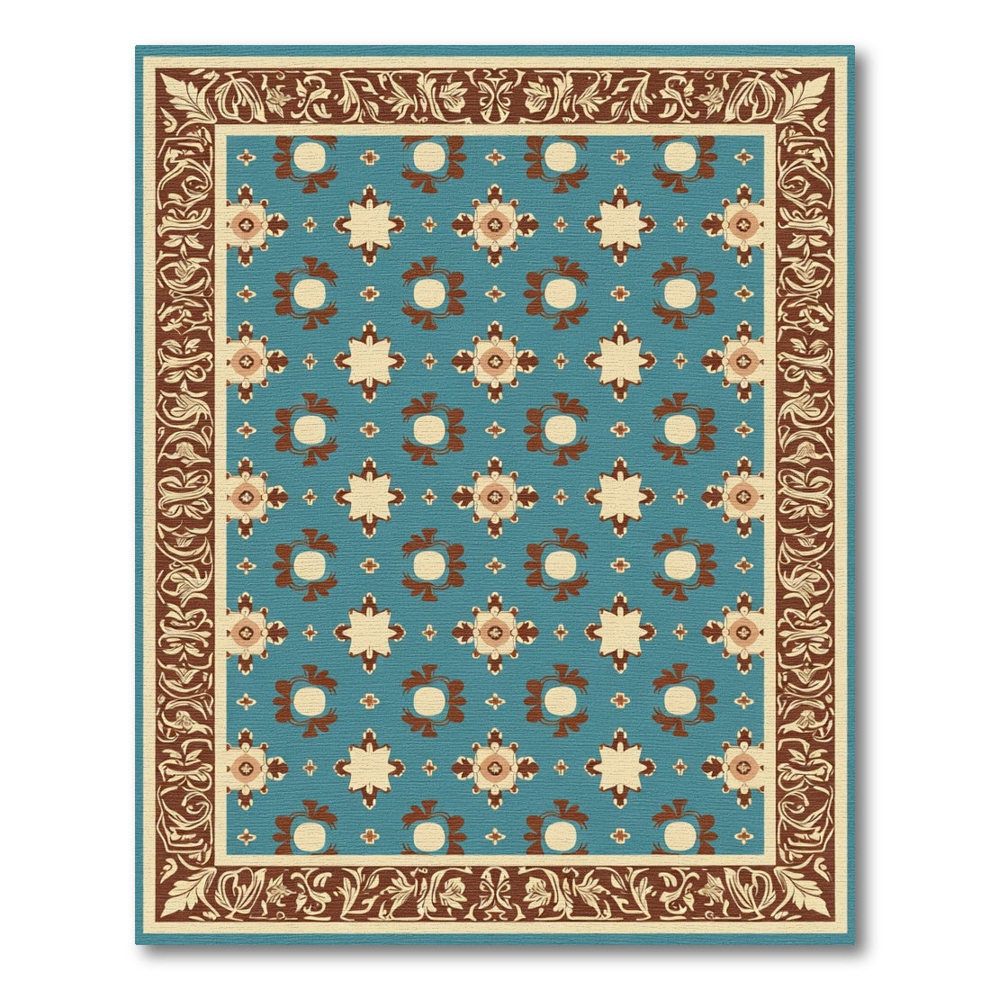 Teal Brown Floral Border Medallion Rug