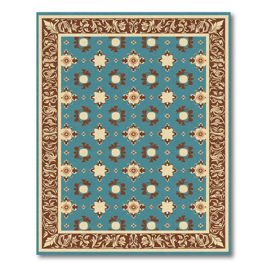 Teal Brown Floral Border Medallion Rug