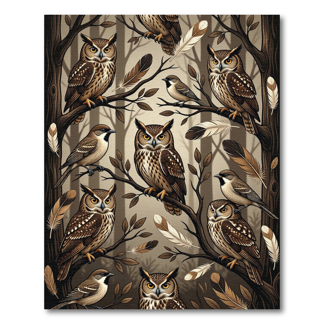 Earthy Forest Owl and Feather Illustration Rug