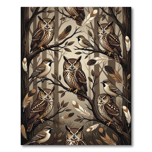 Earthy Forest Owl and Feather Illustration Rug