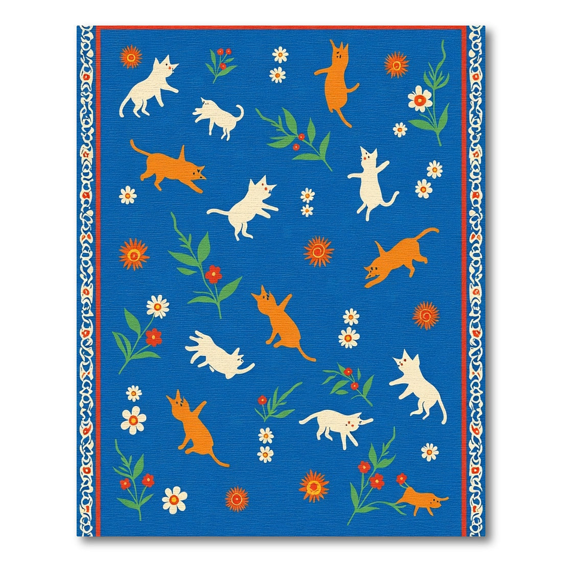 Vibrant Blue Playful Kittens Floral Garden Rug