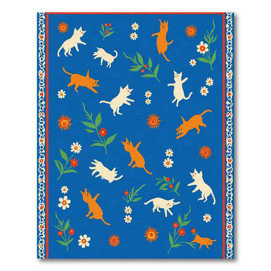 Vibrant Blue Playful Kittens Floral Garden Rug