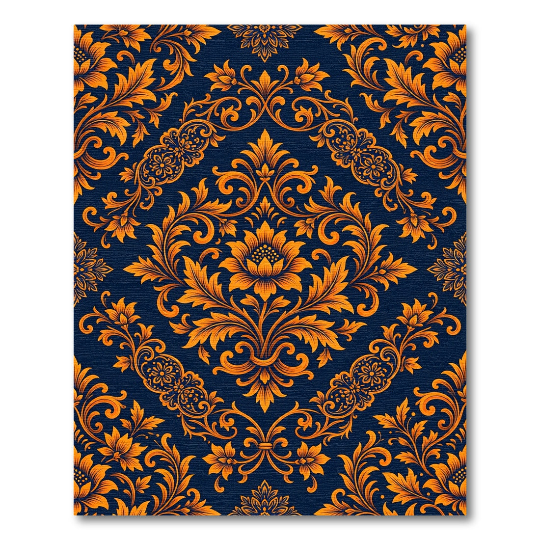 Vibrant Orange Floral Damask Navy Rug
