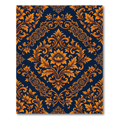 Vibrant Orange Floral Damask Navy Rug