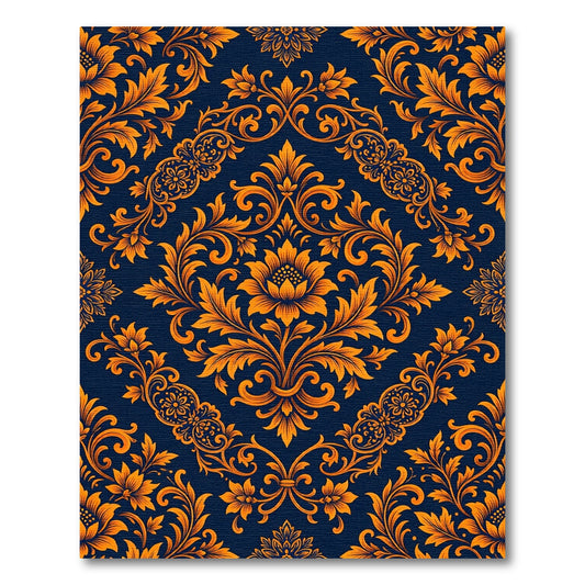Vibrant Orange Floral Damask Navy Rug