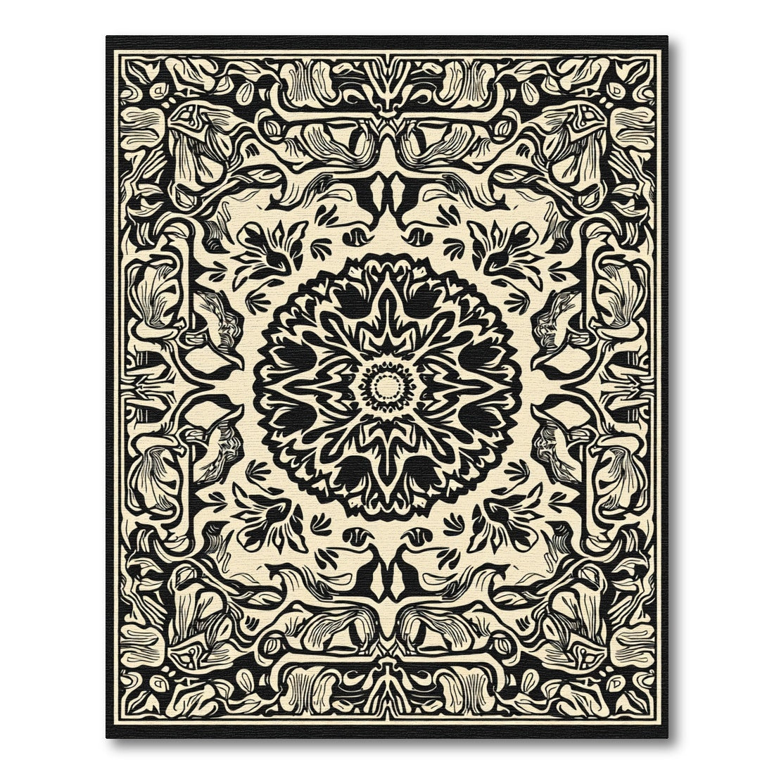 Black Beige Floral Medallion Composition Rug