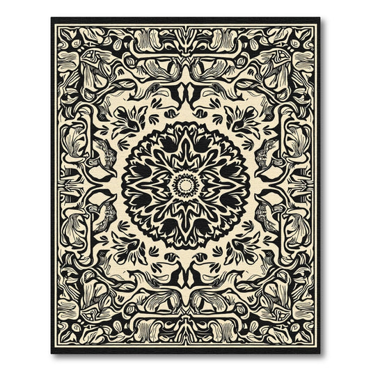 Black Beige Floral Medallion Composition Rug