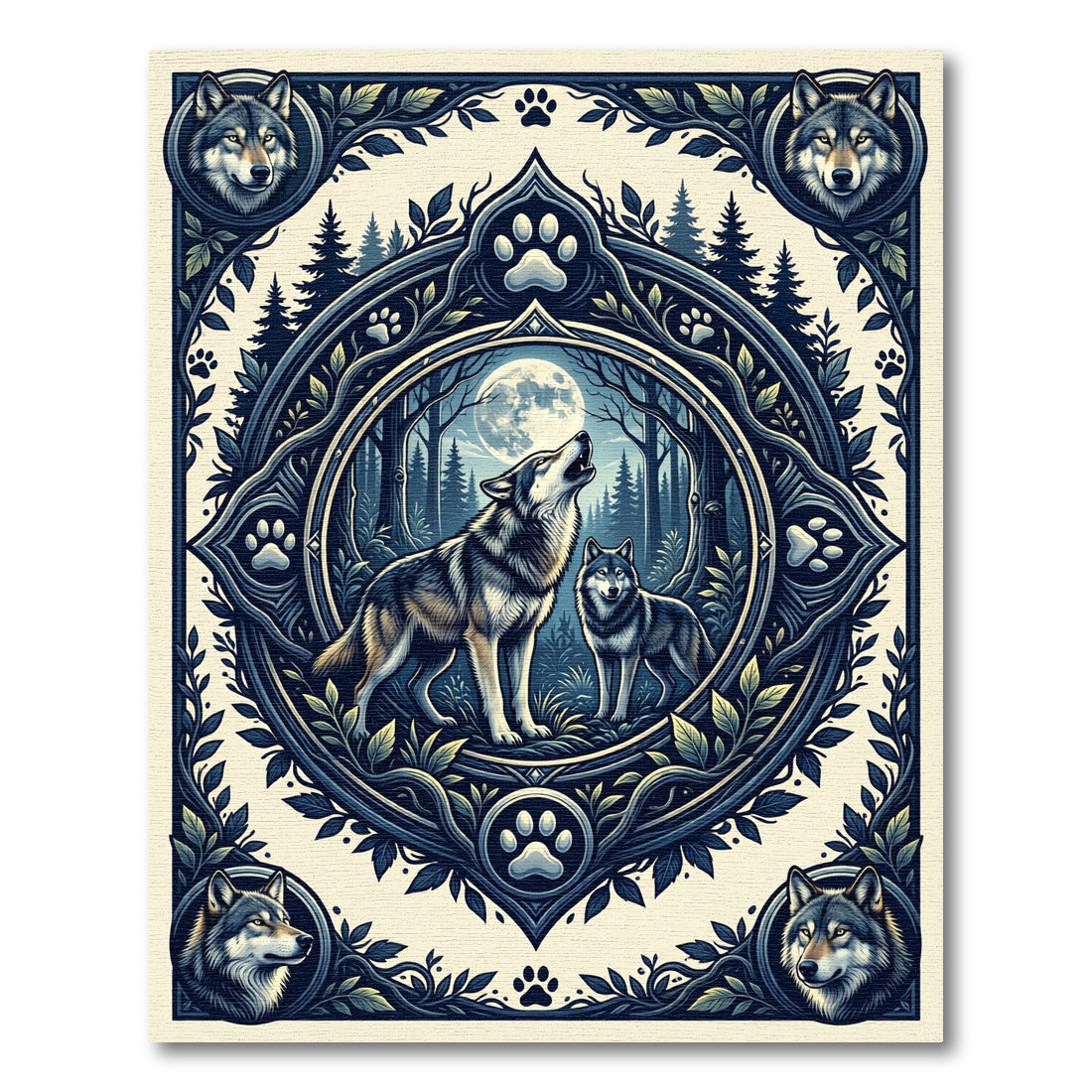 Midnight Forest Wolf Moon Illustration Rug