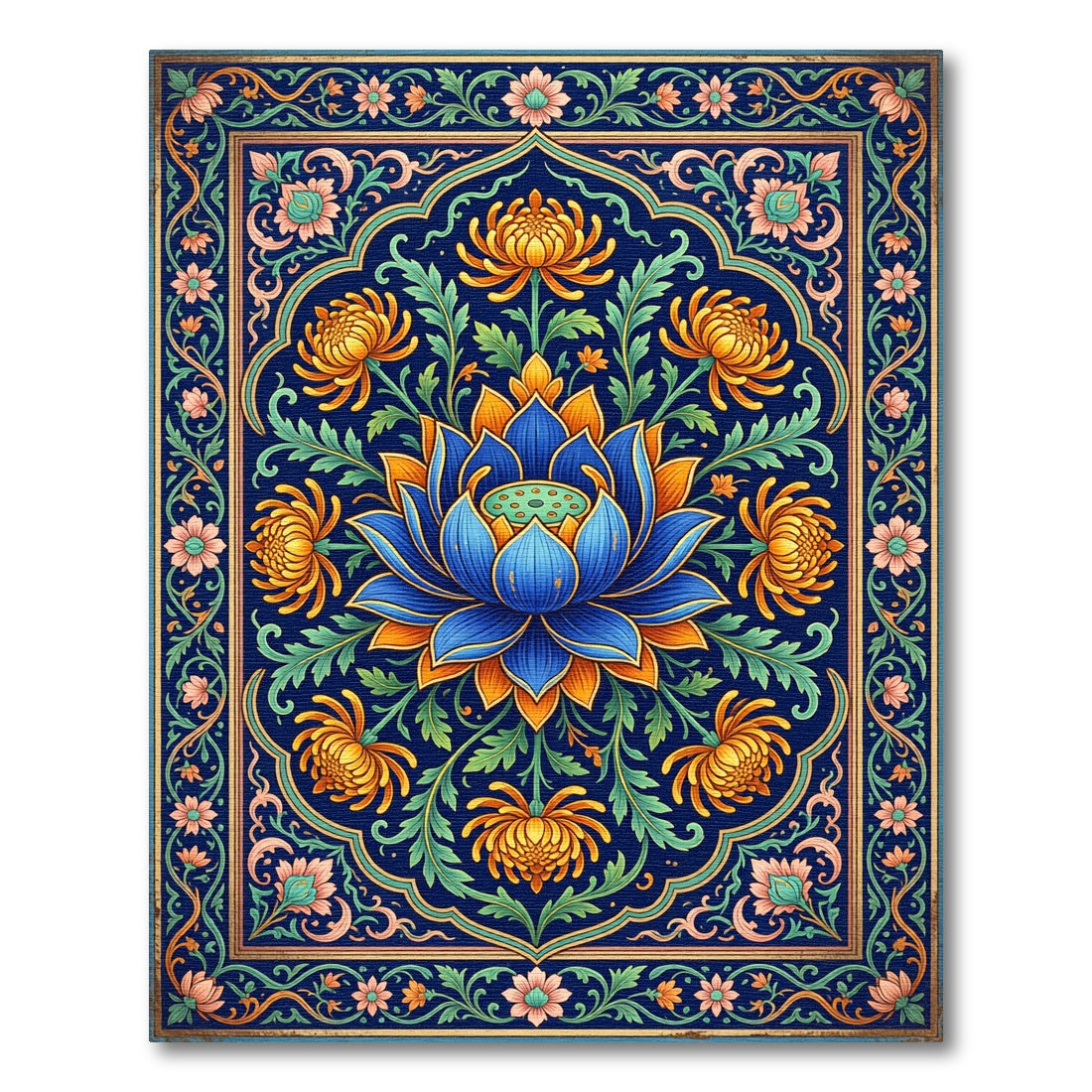Vibrant Blue Lotus Golden Chrysanthemum Medallion Rug