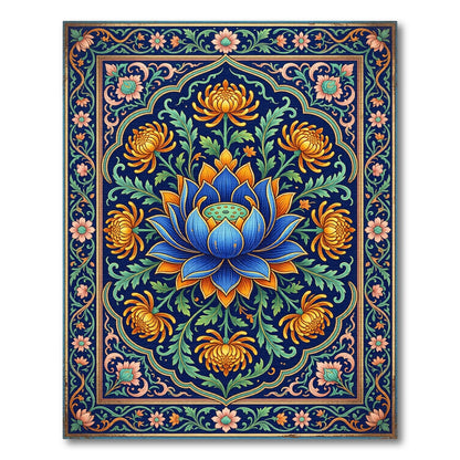 Vibrant Blue Lotus Golden Chrysanthemum Medallion Rug