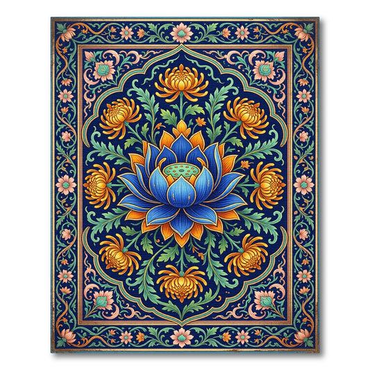 Vibrant Blue Lotus Golden Chrysanthemum Medallion Rug