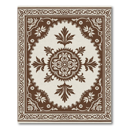 Brown Floral Medallion Scroll Border Rug