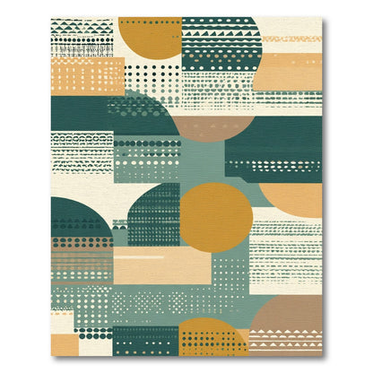 Abstract Circles And Rectangles In Ochre Teal Rug