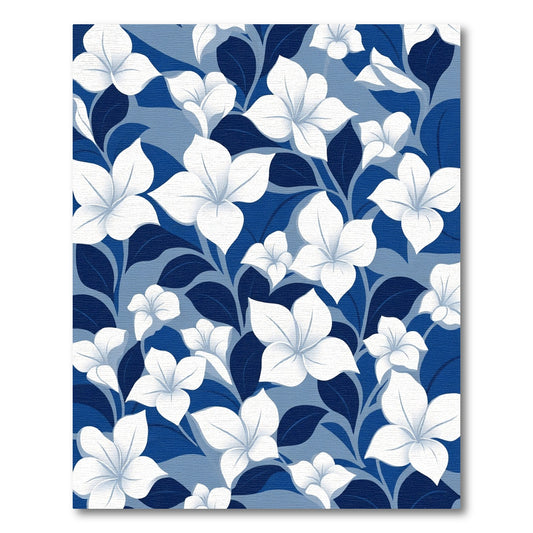 White Floral Vines Blue Background Rug